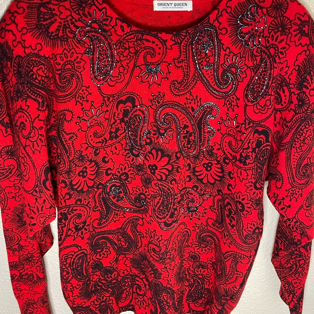 Bold Red Crew Neck Sweater with Paisley Design